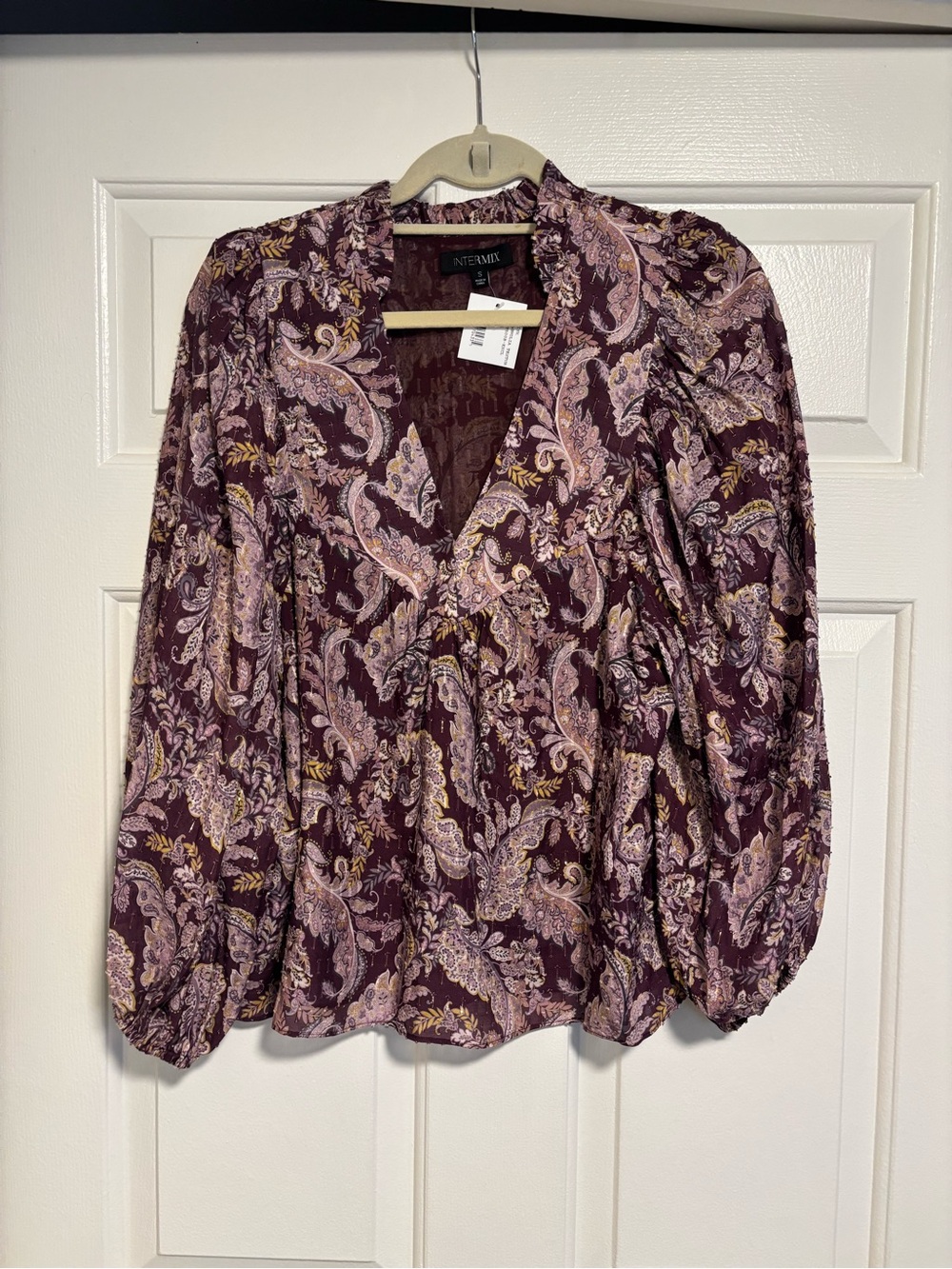 INTERMIX Plum Paisley V-Neck Long Sleeve Blouse with Gold Accents